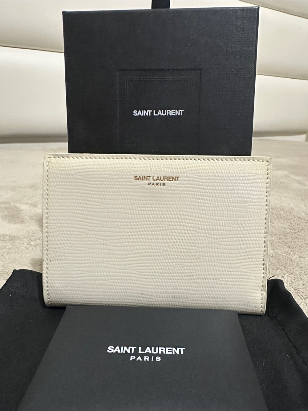 Saint Laurent Cream Textured  Compact Leather Wallet